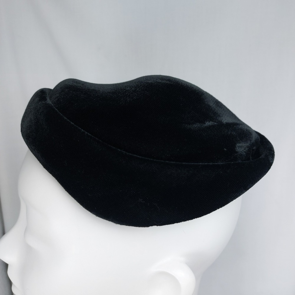 Vintage 1950's Womens Pillbox Hat Black Velvet Removable Modesty Veil Sz Large